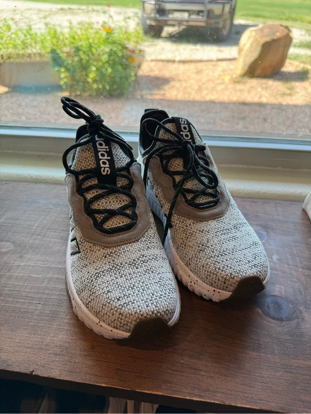 Adidas Light Gray and Black Knit Athletic Sneakers